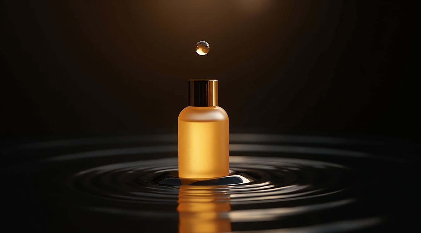 AI key visual of an unlabeled frosted amber serum bottle with a gold cap over rippling black water with a suspended droplet - produced with Mooilux AI pipeline