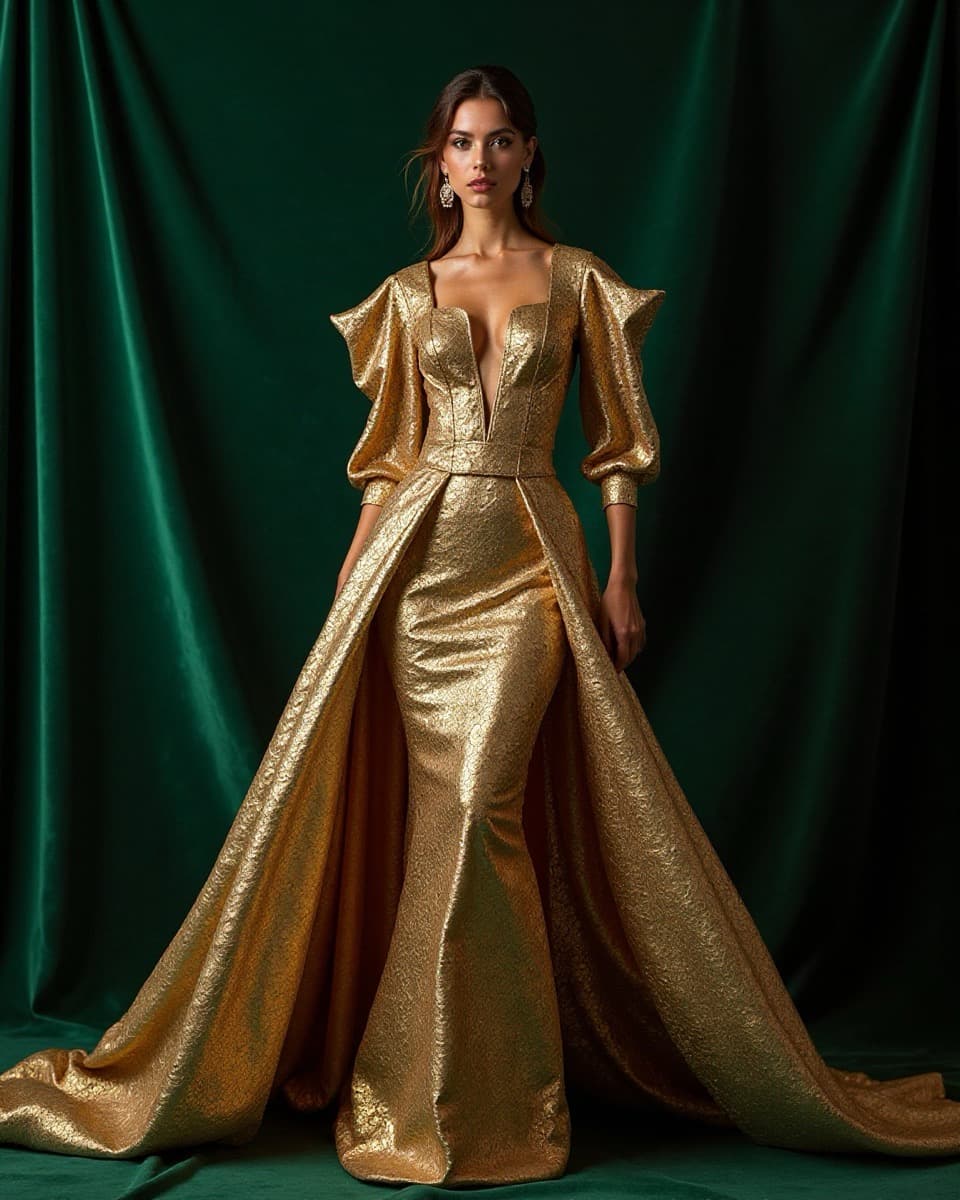 AI key visual couture of an opulent gold gown against emerald green velvet - produced with Mooilux AI pipeline