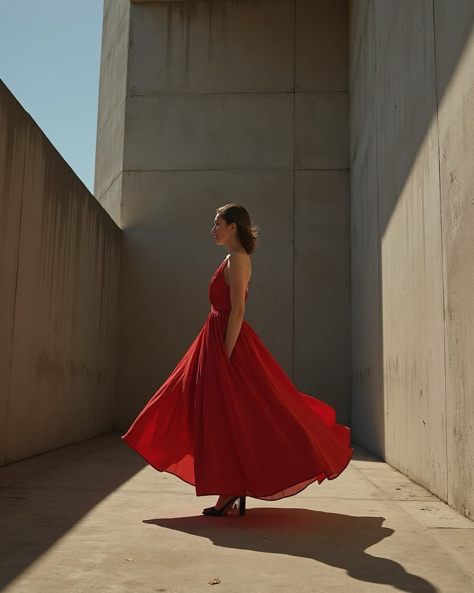 AI key visual editorial of a red gown against brutalist architecture - produced with Mooilux AI pipeline