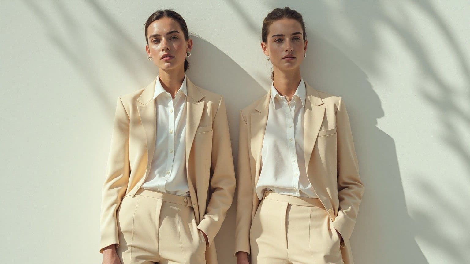Dua model dengan setelan bone serasi dalam komposisi simetris di ruang galeri minimal