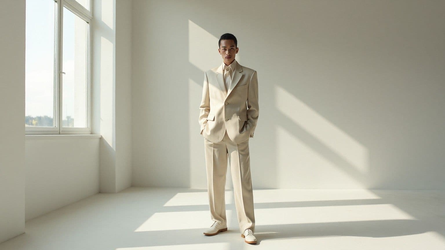 Model mengenakan setelan jas warna bone berdiri di galeri minimal dengan cahaya jendela keras dan bayangan panjang