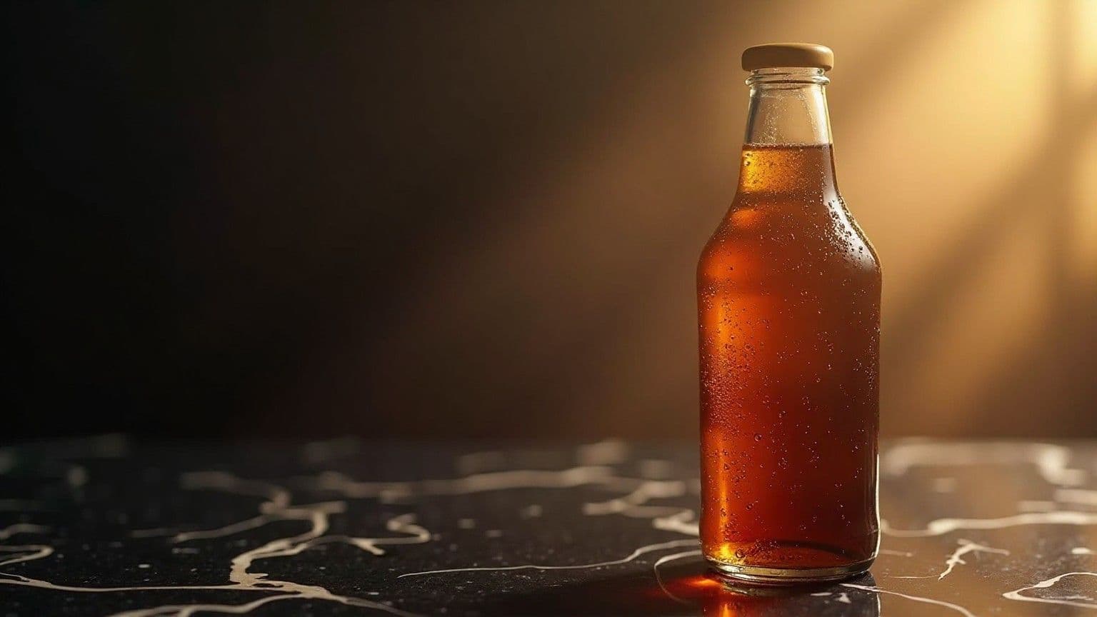 Botol kaca amber cold brew tanpa label di atas marmer hitam dengan backlight golden hour dan kondensasi