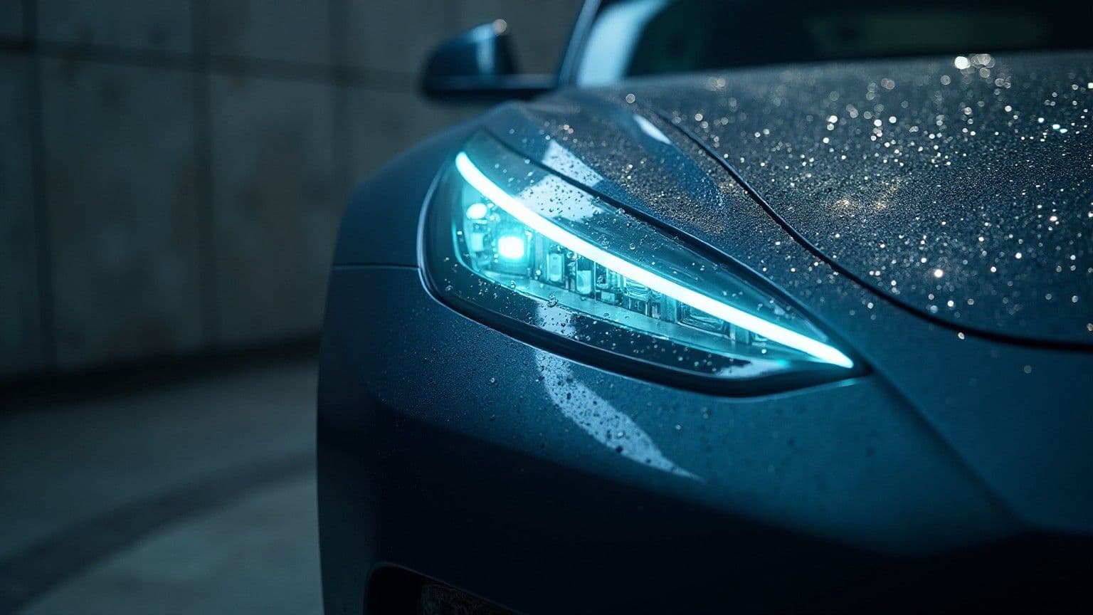 Detail makro lampu depan LED mobil listrik dengan aksen cahaya cyan dan butiran air