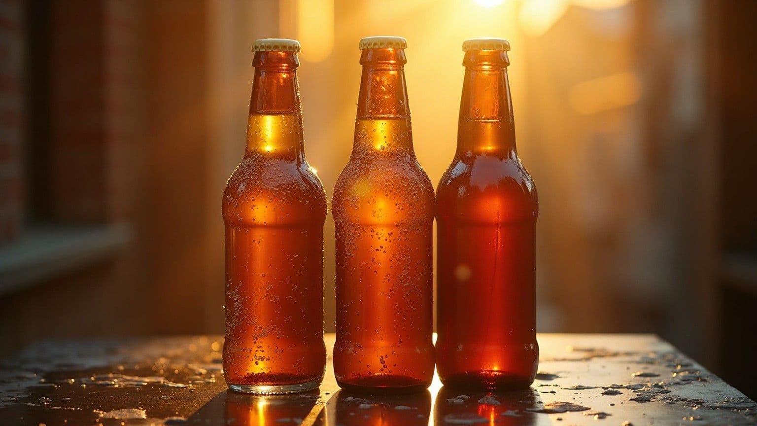 Tiga botol kaca amber cold brew berjajar dengan backlight golden hour dan kondensasi