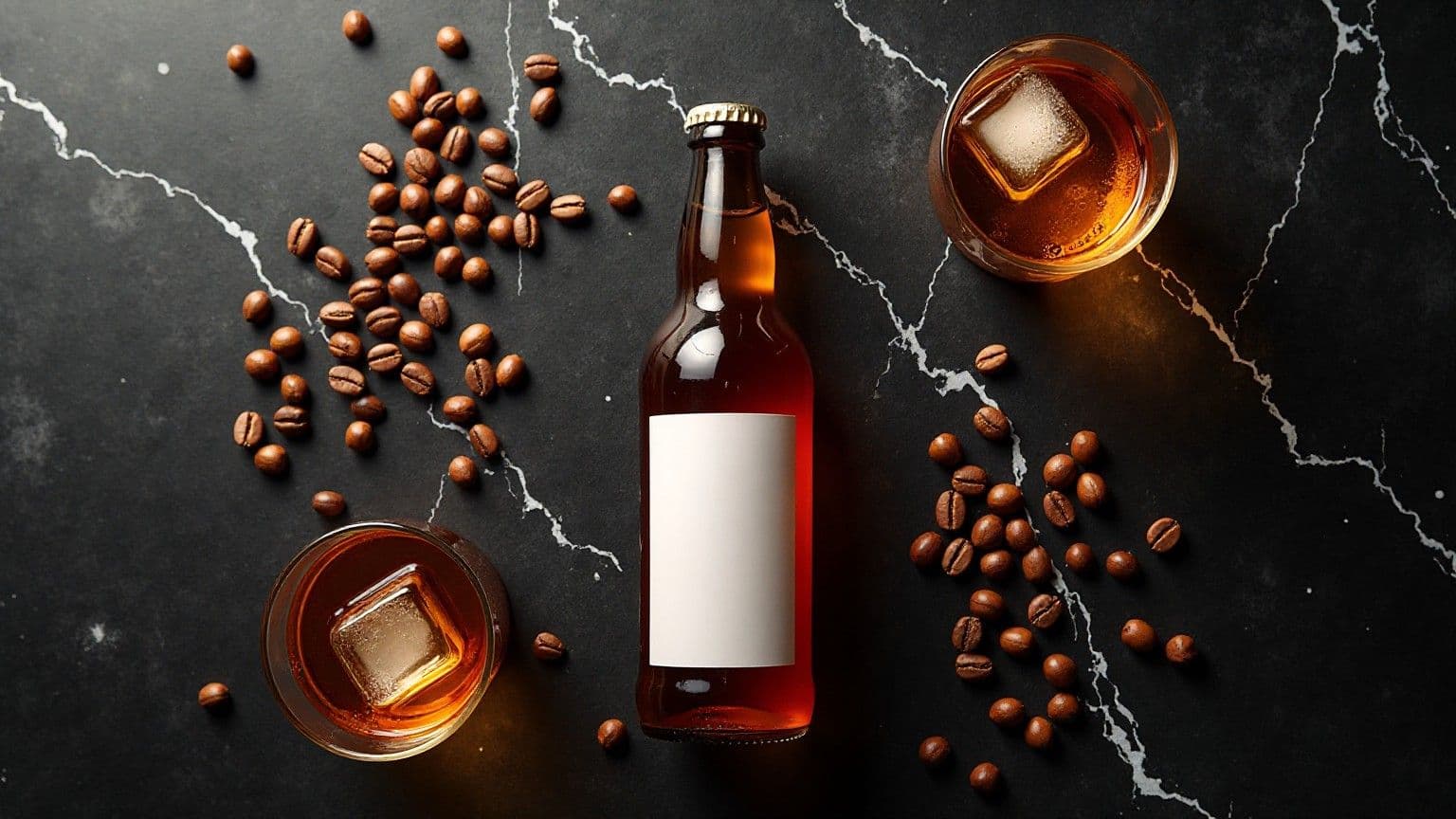 Flat lay botol cold brew amber dengan biji kopi dan gelas es di atas permukaan marmer hitam