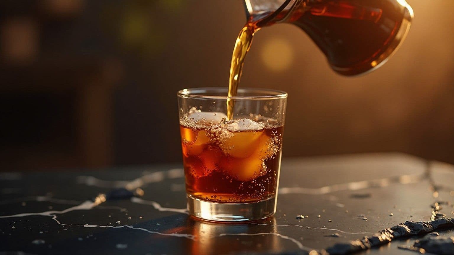 Cold brew dituang ke dalam gelas berisi es di atas marmer hitam dengan cahaya golden keemasan